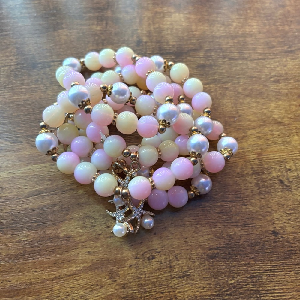 6pcs Strawberry Shortcake Beaded Bracelet with Pearls & Starfish Charms 10mm